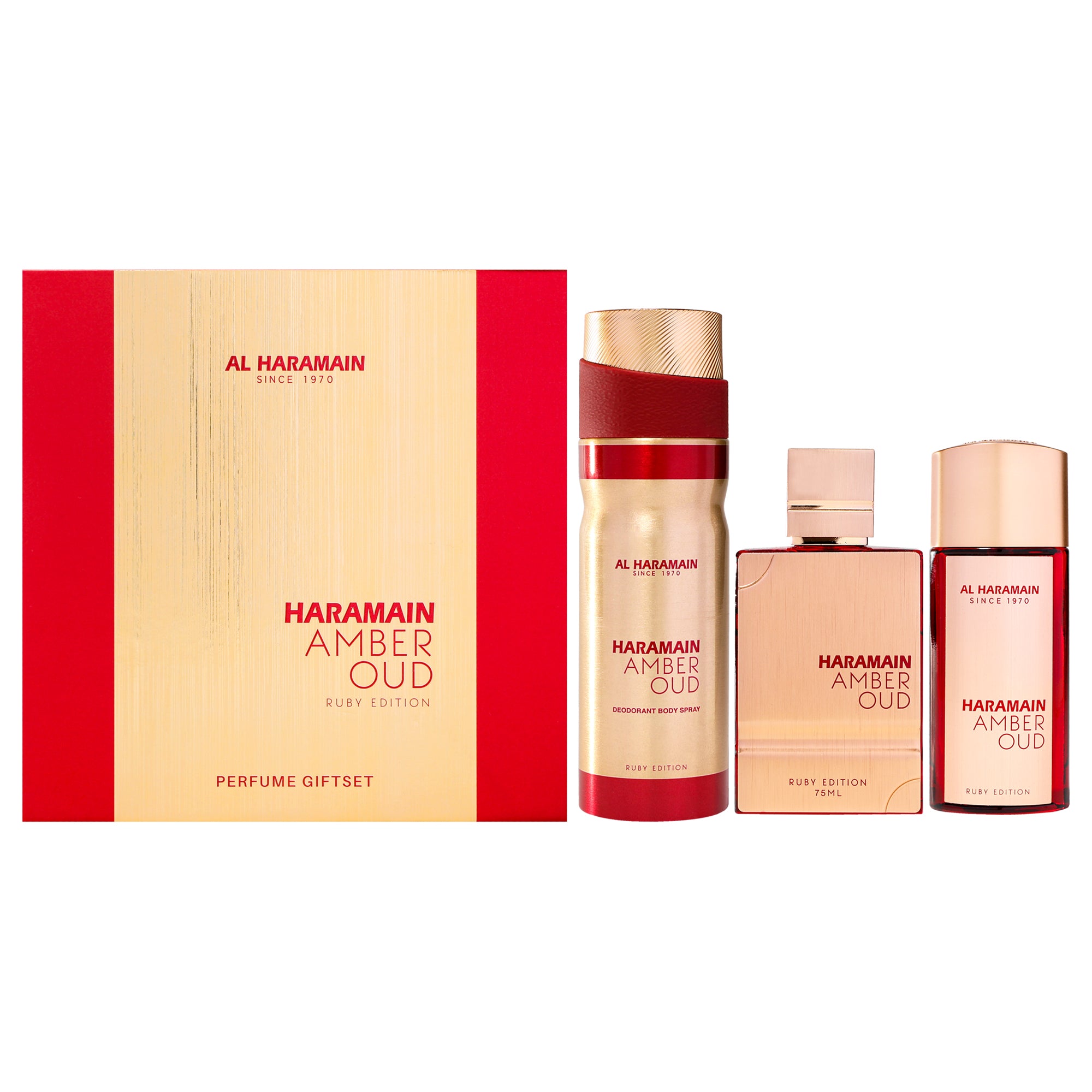 Al Haramain Amber Oud - Ruby Edition 3 Pc Gift Set-Thefragrancemart.com