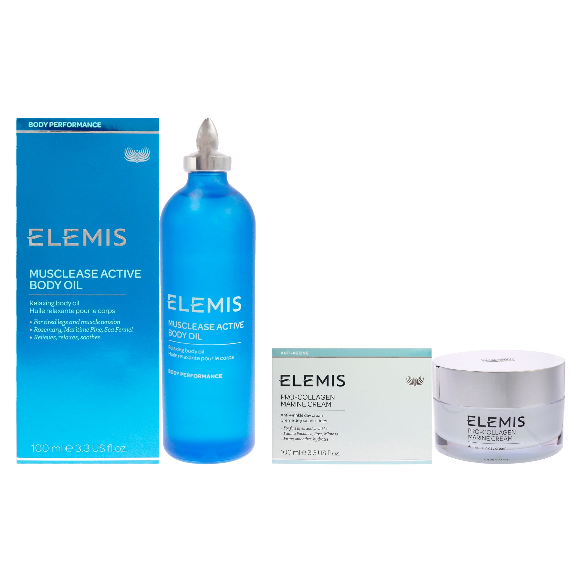 Elemis Musclease Active Body Oil and Pro-Collagen Marine Cream Kit -Thefragrancemart.com