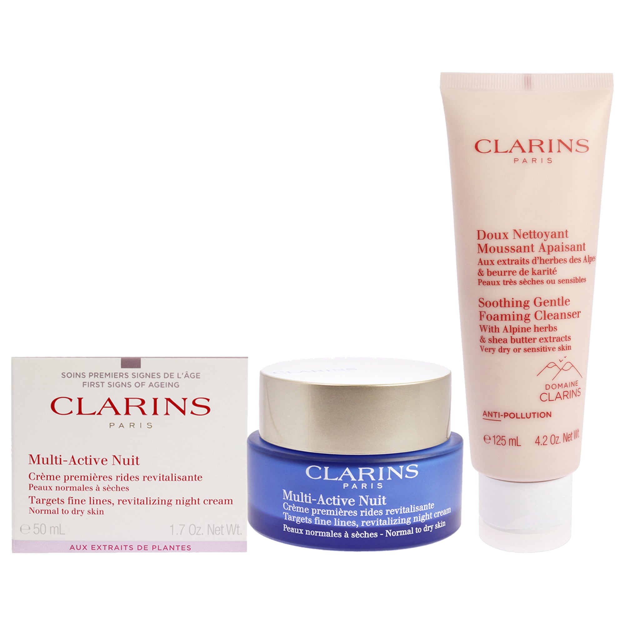 Clarins Multi-Active Night Cream - Normal to Dry Skin and Soothing Gentle Foaming Cleanser Kit -Thefragrancemart.com