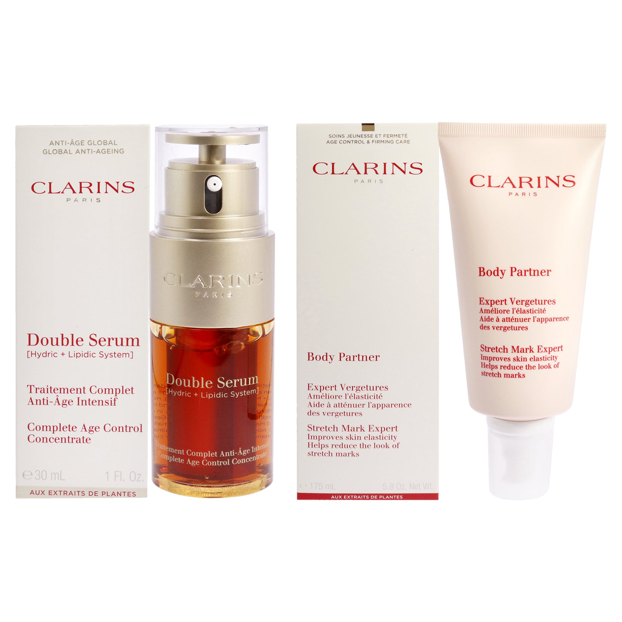Clarins Double Serum Complete Age Control Concentrate and Body Partner Stretch Mark Expert Kit -Thefragrancemart.com
