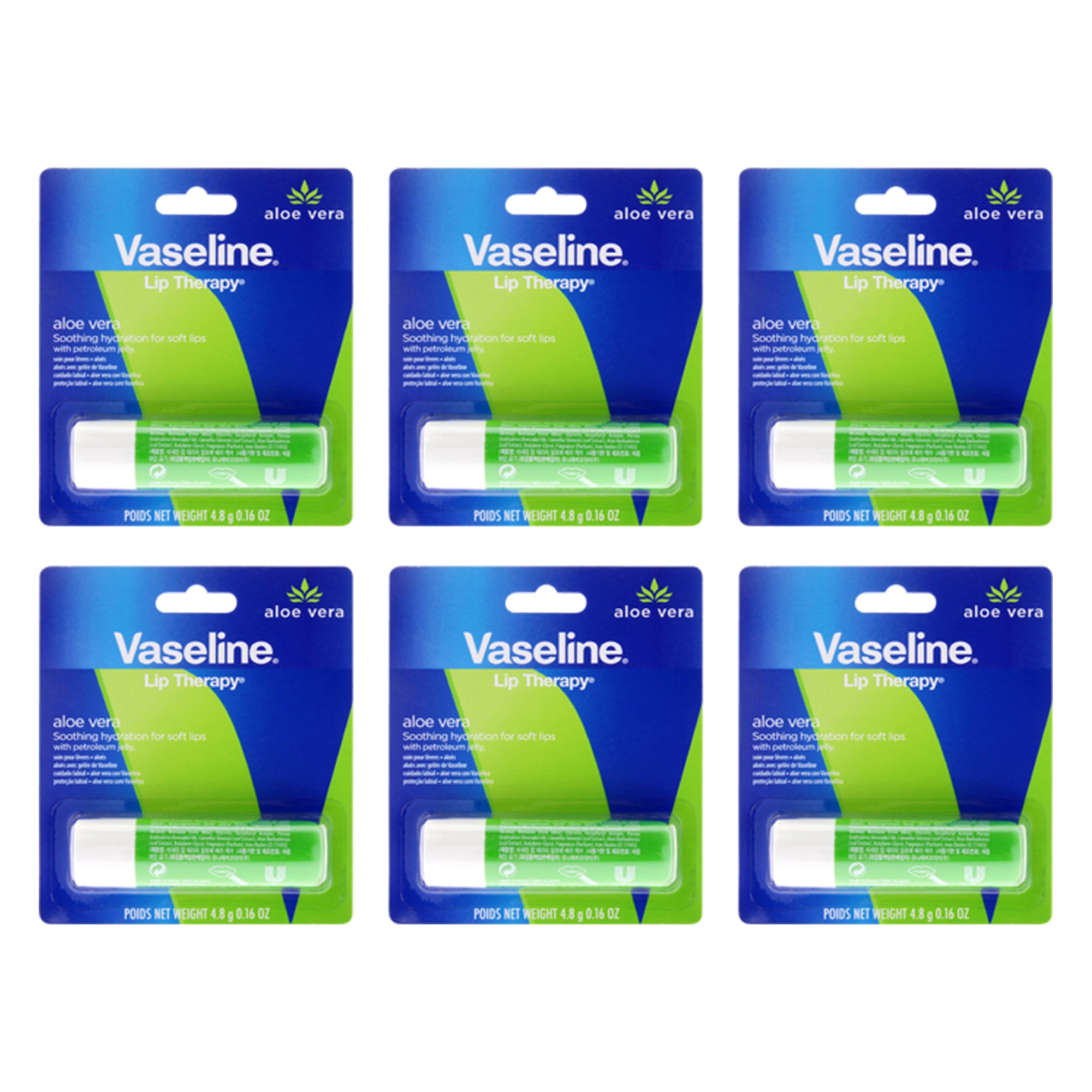 Vaseline Lip Therapy Petroleum Jelly - Aloe Vera - Pack of 6 -Thefragrancemart.com