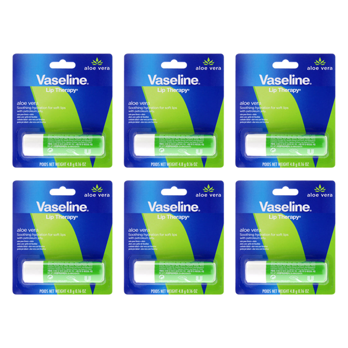Vaseline Lip Therapy Petroleum Jelly - Aloe Vera - Pack of 6 -Thefragrancemart.com
